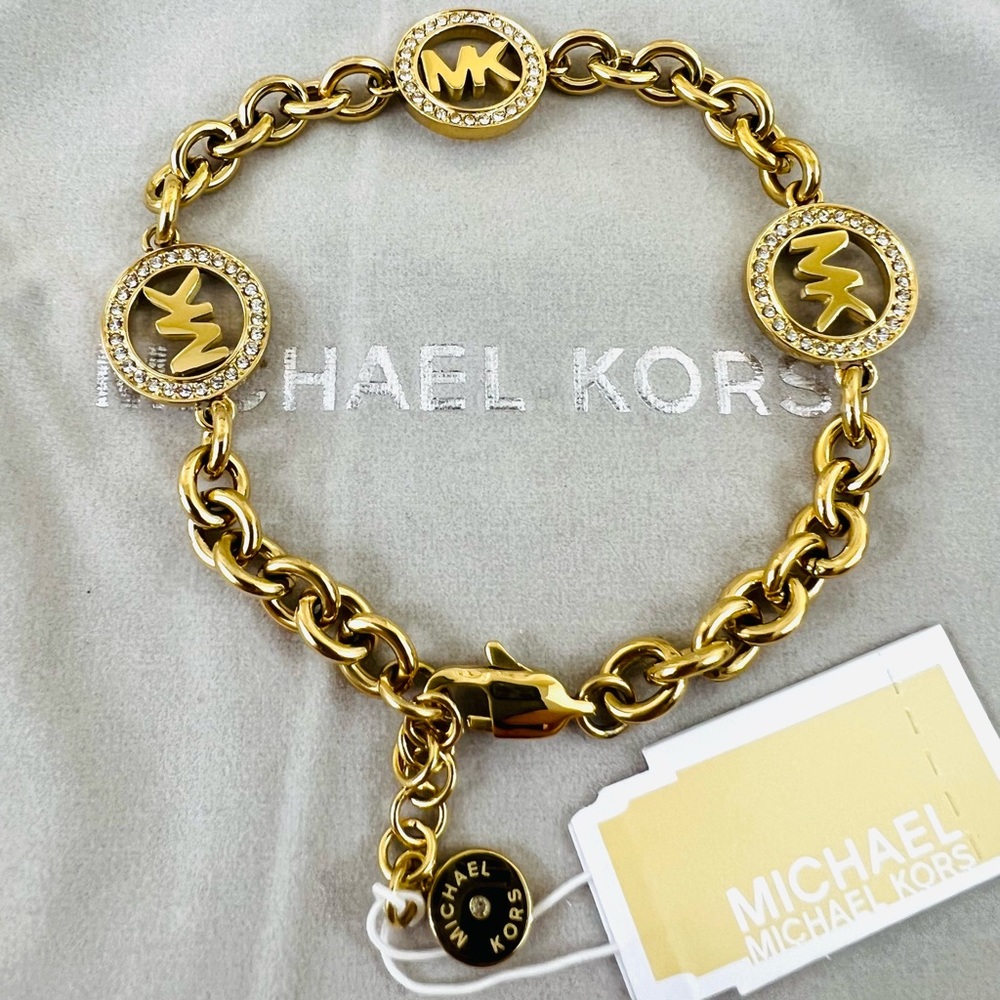Michael Kors Fulton Logo Bracelet Yellow Gold Crystals - Picture 6 of 11